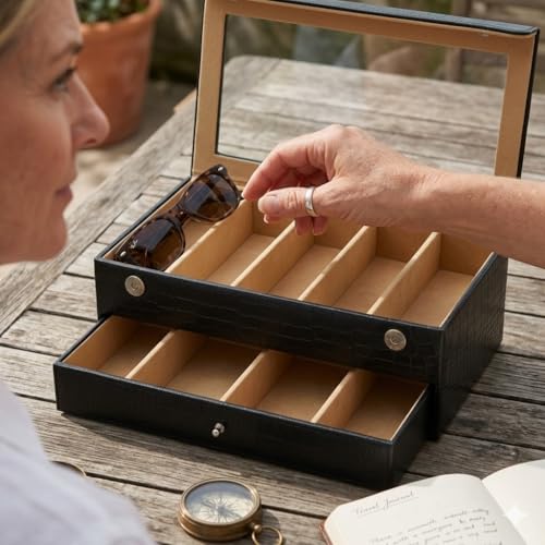 essart Sunglass Storage Box – 12 Slot Eyewear Organizer Case with Glass Lid, Dust-Free & Premium Faux Leather Finish Double Storey Magnetic Closure Sunglasses Box Organizer Black Colour - Image 3