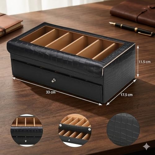 essart Sunglass Storage Box – 12 Slot Eyewear Organizer Case with Glass Lid, Dust-Free & Premium Faux Leather Finish Double Storey Magnetic Closure Sunglasses Box Organizer Black Colour - Image 4