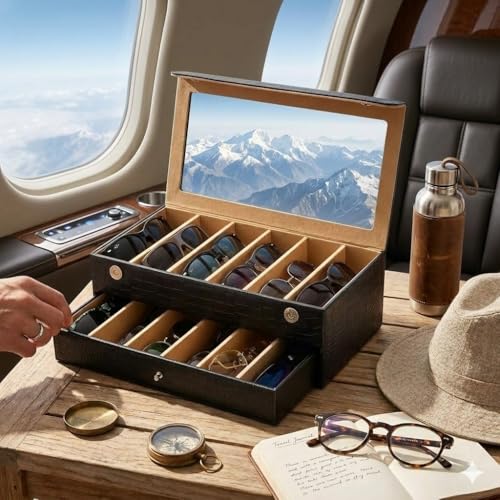 essart Sunglass Storage Box – 12 Slot Eyewear Organizer Case with Glass Lid, Dust-Free & Premium Faux Leather Finish Double Storey Magnetic Closure Sunglasses Box Organizer Black Colour - Image 2