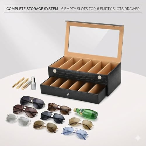 essart Sunglass Storage Box – 12 Slot Eyewear Organizer Case with Glass Lid, Dust-Free & Premium Faux Leather Finish Double Storey Magnetic Closure Sunglasses Box Organizer Black Colour - Image 5