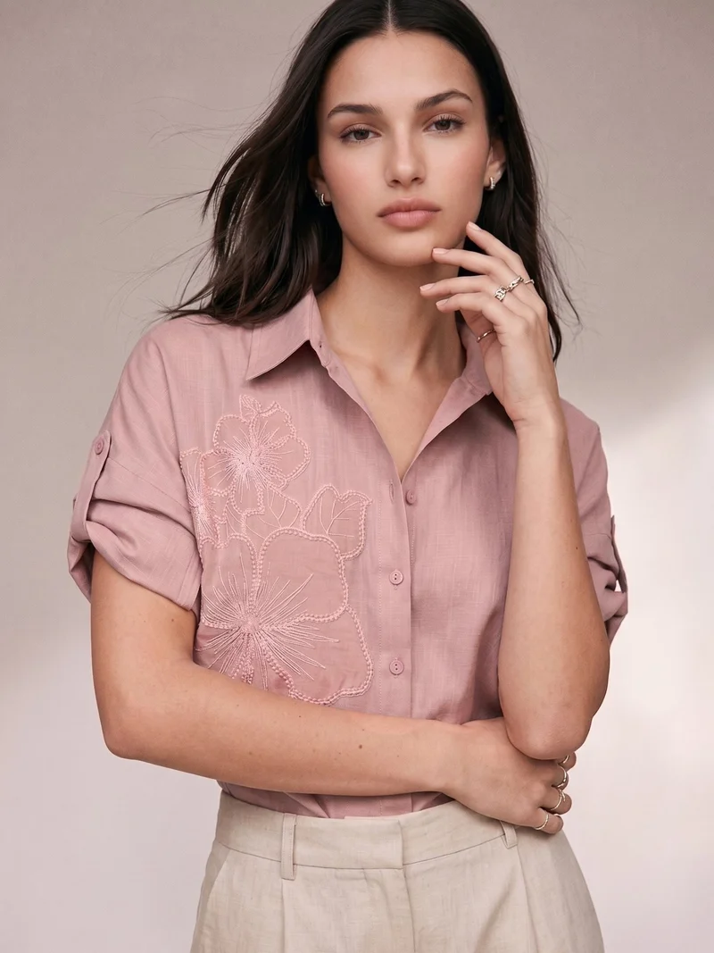 Outzidr Pink Floral Embroidered Applique Shirt