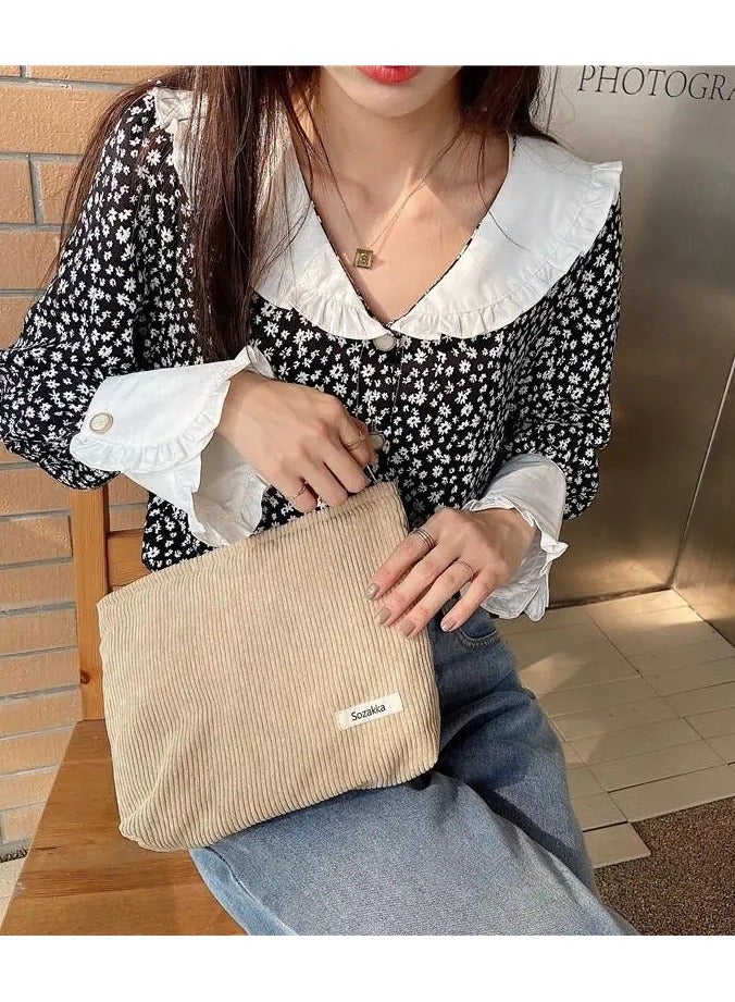 ORiTi Stylish and Spacious Corduroy Travel Makeup Bag with Zipper - Perfect for On- the-Go Beauty Essentials - Image 2