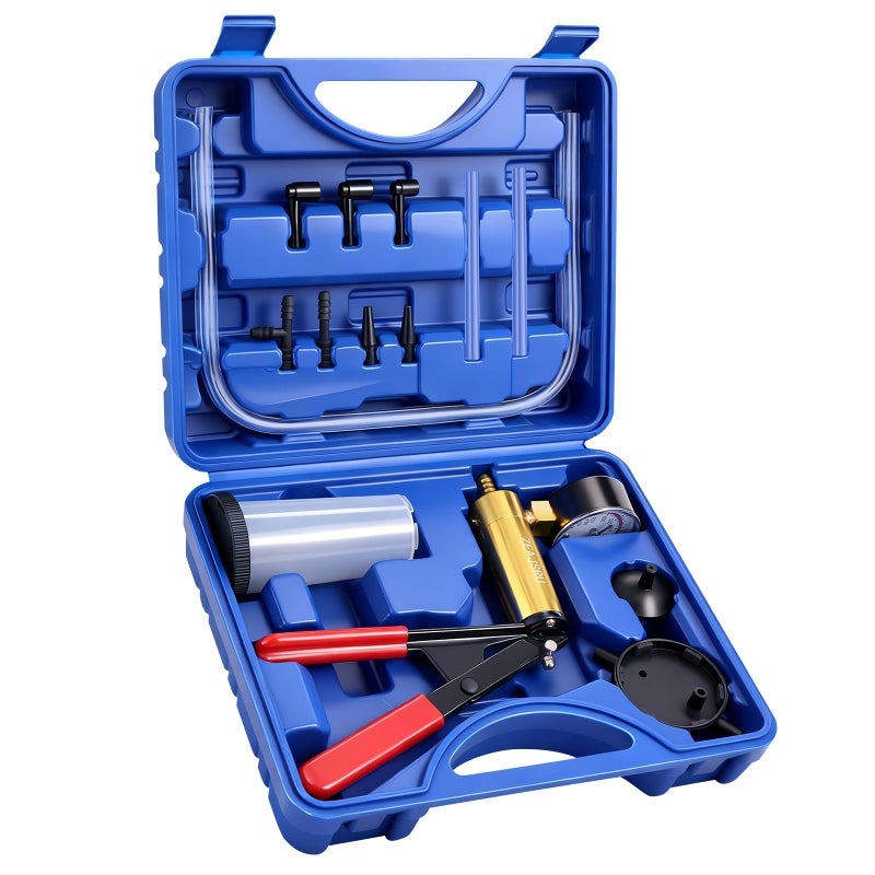 ZEAJSRU Handheld Vacuum Pump Brake Bleeder Kit with Pressure Gauge, Brake Fluid Bleeding Tool Set with Hoses, Adapters and Reservoir, Automotive Brake Bleeding & Vacuum Diagnostic Test Kit (-Blue-) - Image 1
