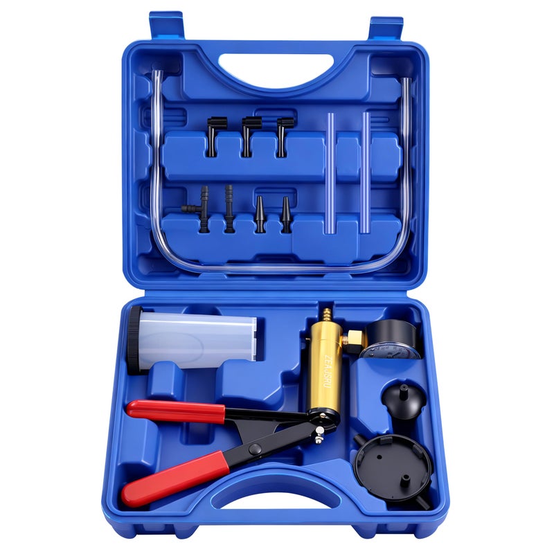 ZEAJSRU Handheld Vacuum Pump Brake Bleeder Kit with Pressure Gauge, Brake Fluid Bleeding Tool Set with Hoses, Adapters and Reservoir, Automotive Brake Bleeding & Vacuum Diagnostic Test Kit (-Blue-) - Image 2