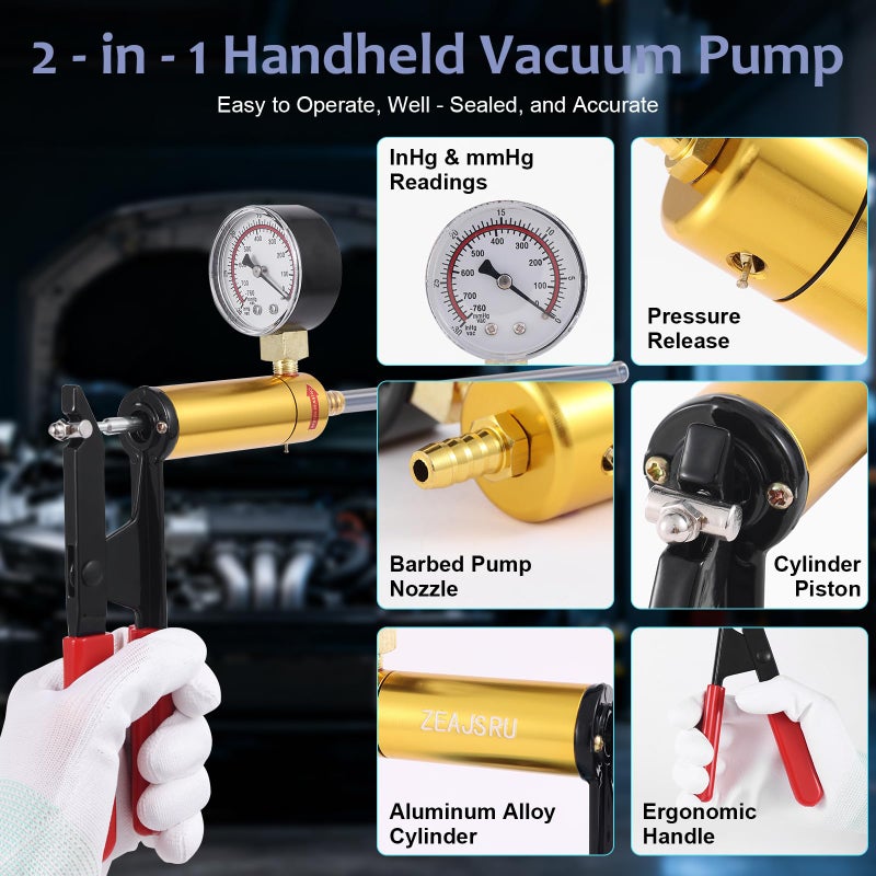ZEAJSRU Handheld Vacuum Pump Brake Bleeder Kit with Pressure Gauge, Brake Fluid Bleeding Tool Set with Hoses, Adapters and Reservoir, Automotive Brake Bleeding & Vacuum Diagnostic Test Kit (-Blue-) - Image 5