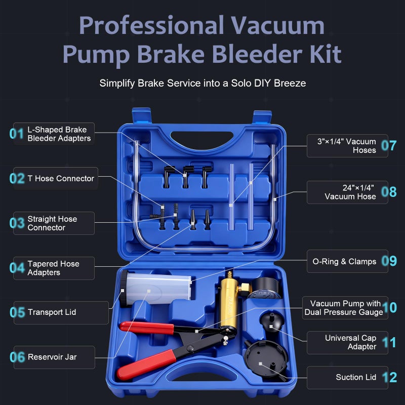 ZEAJSRU Handheld Vacuum Pump Brake Bleeder Kit with Pressure Gauge, Brake Fluid Bleeding Tool Set with Hoses, Adapters and Reservoir, Automotive Brake Bleeding & Vacuum Diagnostic Test Kit (-Blue-) - Image 3