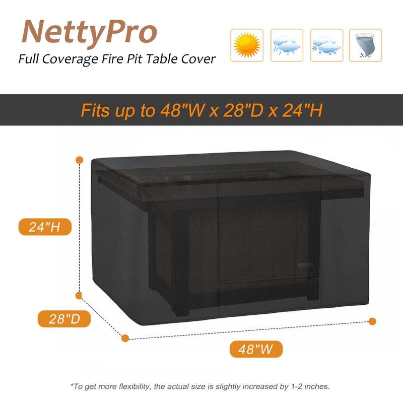 NettyPro Fire Pit Cover Rectangular Waterproof Outdoor Firepit Cover for Gas Propane Fire Pit Table Rectangle, 48 x 28 x 24 inch, Black - Image 2