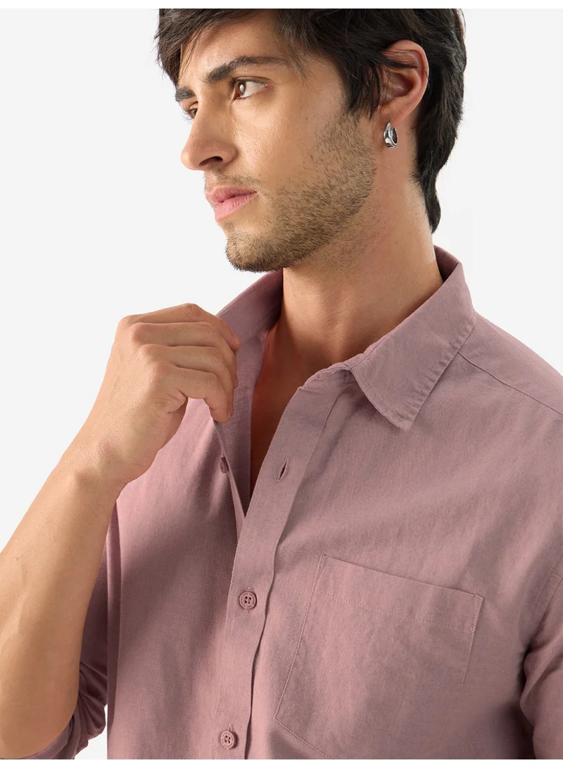 The Souled Store The Souled Store Men Soft Pink Solid Regular Fit Cotton Linen Shirts