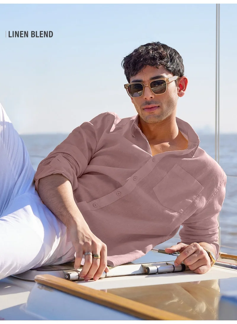 The Souled Store The Souled Store Men Soft Pink Solid Regular Fit Cotton Linen Shirts