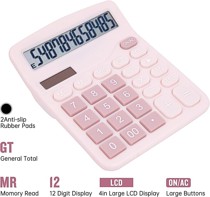 Pink Desktop Calculator 12-Digit Large Display Dual Power Solar Battery Calculator with Big Buttons - Slim Design for Office School Home - Image 5