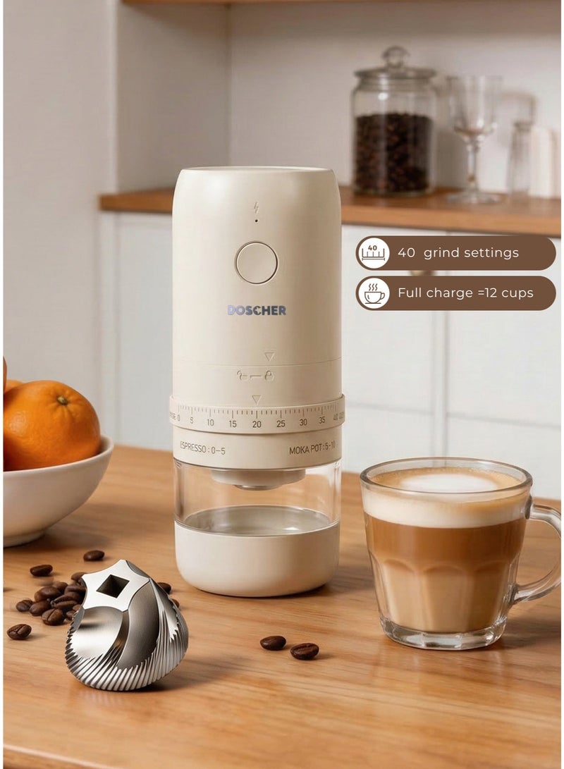 DOSCHER V60 Electric Portable Coffee Grinder,Spice Grinder,40 External Grinding Settings,30g Capacity,1800mAh Battery,3X Faster Grinding with Auto-Stop,Stainless Steel Conical Burr,USB Charging - Image 1
