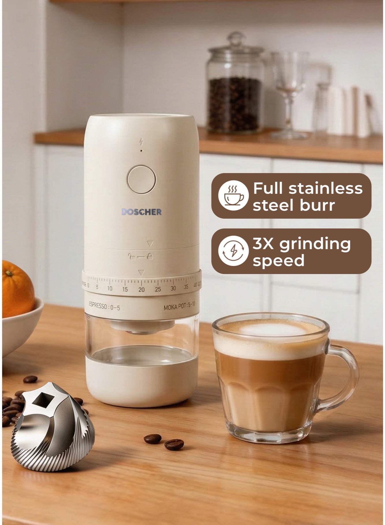 Portable V60 Conical Stainless Steel Coffee Grinder, 40 External Grinding Settings, 25g Capacity, 1800mAh Battery with USB Charging.