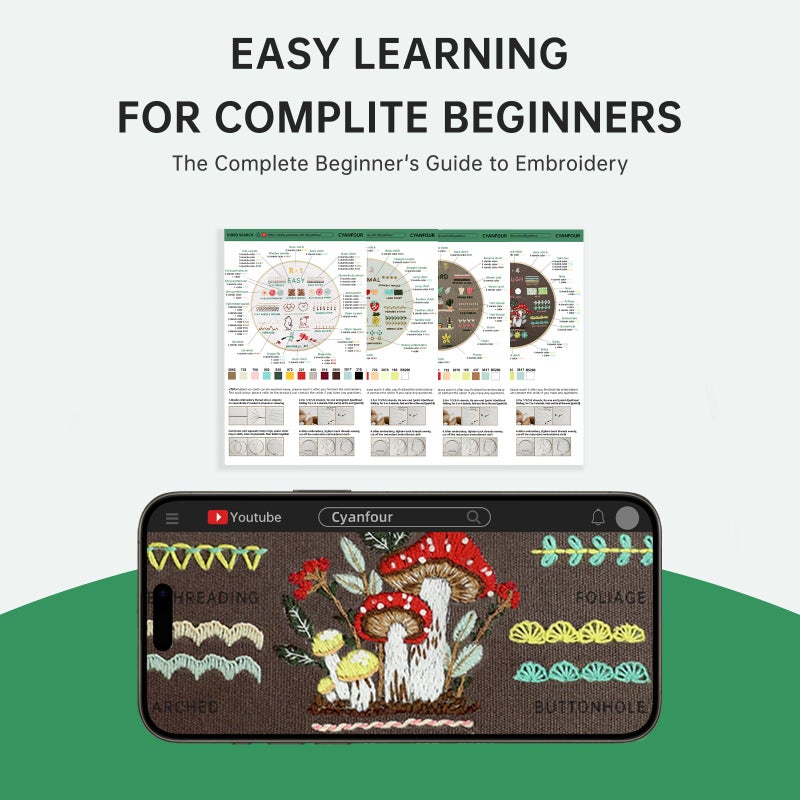 CYANFOUR Embroidery Kit for Beginners, 4 Stages to Learn 38 Stitches, with Step-by-Step Instructions and Clear Videos, Includes Multiple Accessories, Gift for Craft Lovers. - Image 5