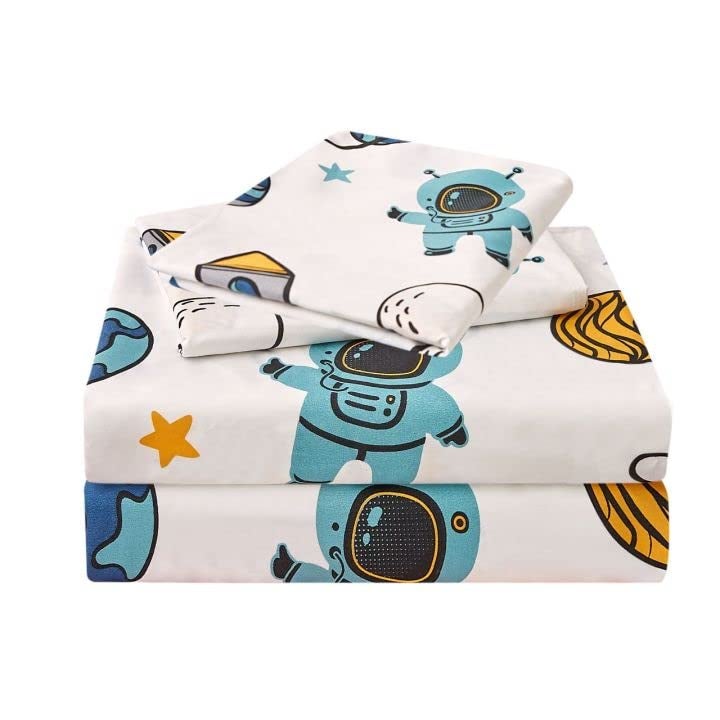 JSD Blue Astronaut Kids Sheet Set Full Size 4 Piece Space Rocket Printed Microfiber Bed Sheets Deep Pocket