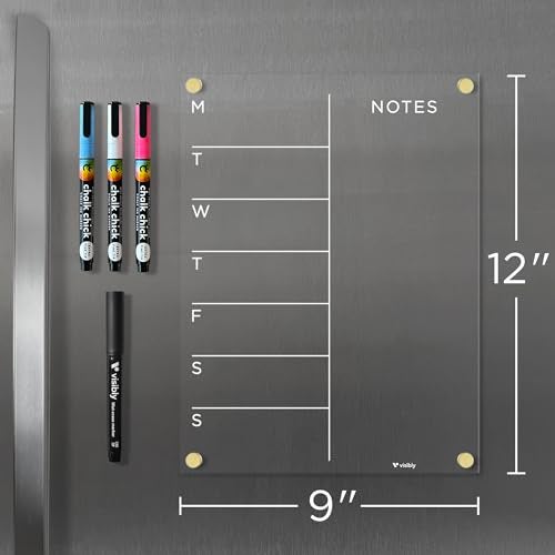 Visibly Magnetic Acrylic Weekly Calendar for Fridge, Weekly Meal Planner with Notes, Includes 4 Magnetic Wet-Erase Markers for Refrigerator, 9" X 12" | Gold Hardware - Image 3