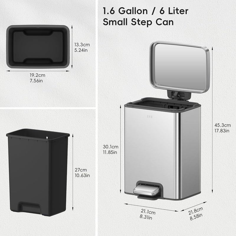 EKO Madison 6L Step Trash Can Wastebasket, Brushed Stainless - Image 2