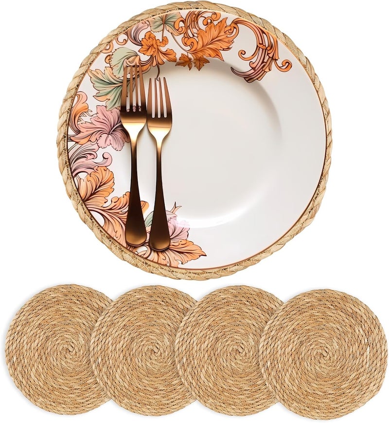 Dimpola Round Woven Placemats 12 inch Set of 4 - Boho Rattan Placemat Natural Water Hyacinth Placemats, Farmhouse Weave Place Mats, Rustic Braided Wicker Table Mats for Dining Table,Home,Wedding - Image 1