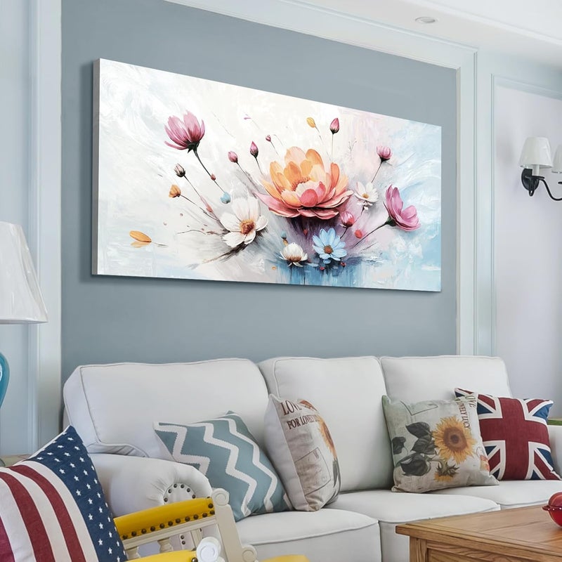 EMODA Floral Framed Canvas Wall Art (60x120 cm) – Modern Pink White Blue Bouquet | Large Framed Canvas Wall Art 60x120 cm Modern Home Decor for Living Room Bedroom Office | Premium Quality Ready to Hang - Image 3