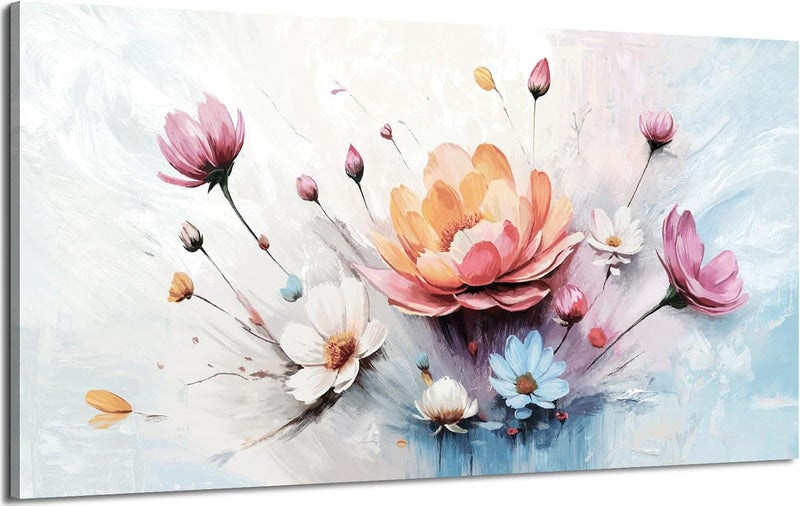 EMODA Floral Framed Canvas Wall Art (60x120 cm) – Modern Pink White Blue Bouquet | Large Framed Canvas Wall Art 60x120 cm Modern Home Decor for Living Room Bedroom Office | Premium Quality Ready to Hang - Image 1