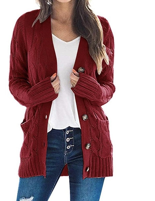 Womens Medium-Length Sweater Cardigan Hooded Jacket New Style Fashionable Clothing From Europe And America Stock Available wine red 