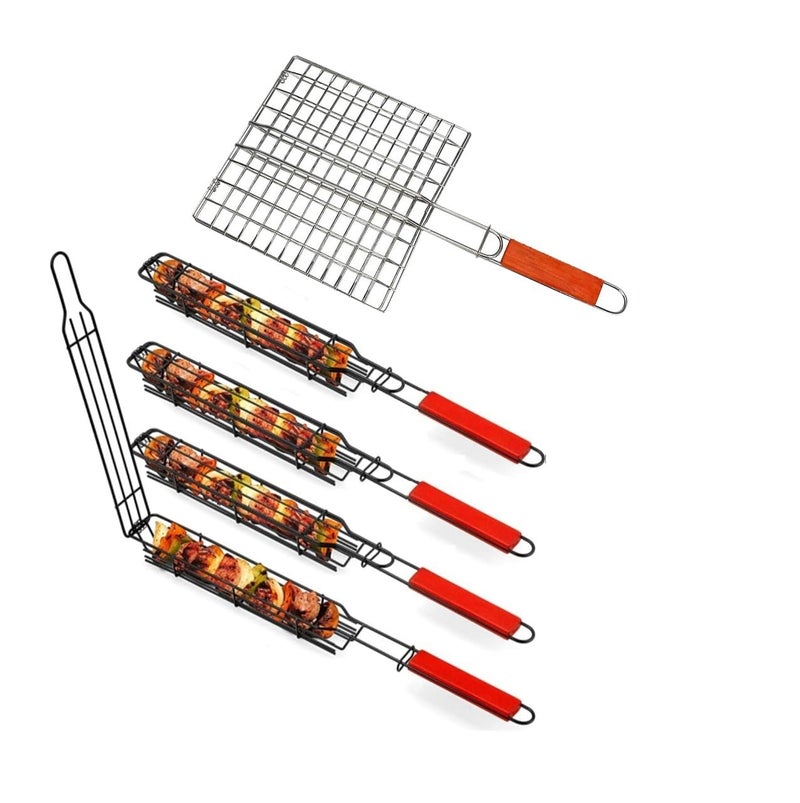SHREESAMP أداة شبكة شواء قابلة للطي من الفولاذ المقاوم للصدأ للشواء في الهواء الطلق جالي مع مقبض خشبي ومشبك للتخييم وطهي الخضار والبصل والأسماك والدجاج واللحوم عبوة من 4+1 (50x28x6.5 سم) - Image 1