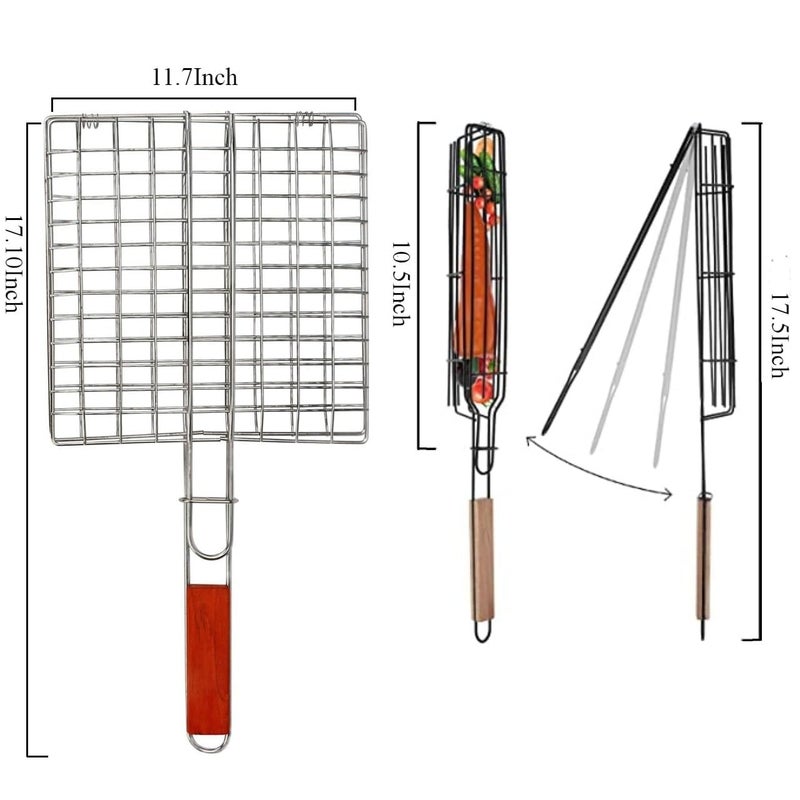 SHREESAMP أداة شبكة شواء قابلة للطي من الفولاذ المقاوم للصدأ للشواء في الهواء الطلق جالي مع مقبض خشبي ومشبك للتخييم وطهي الخضار والبصل والأسماك والدجاج واللحوم عبوة من 4+1 (50x28x6.5 سم) - Image 3