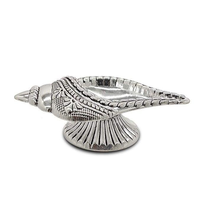 PURE SILVER DIYA WITH UNIQUE SHANKH CONCH SHELL SHAPE DESIGN ANTIQUE OXIDISED FINISH BIS HALLMARKED PERFECT FOR GIFT AND POOJA USE 925 PURITY35 GRAMS SILVER