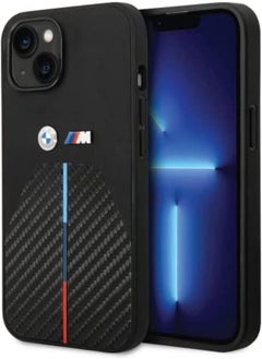CG MOBILE CG MOBILE BMW M Collection Quilted PU Carbon Case With Hot Stamped Tricolor Stripe & Metal Logos, Anti-Scratch, Prmeium Quality, Slim-Fit Cover, Compatible with iPhone 14 - Black (Max) 