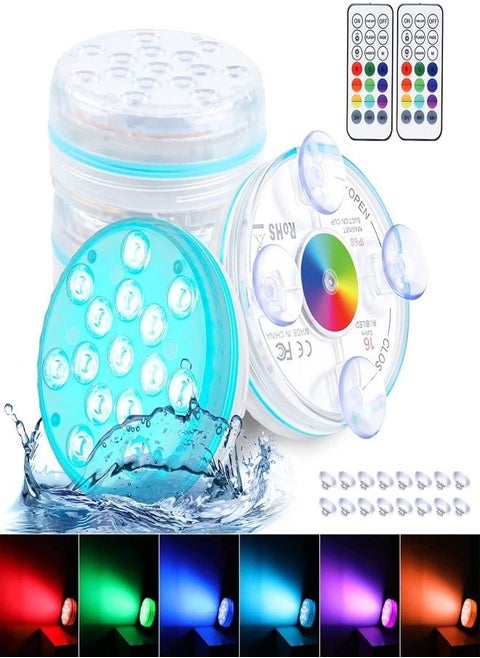 (4 Pack)Pool Lights Submersible LED Lights With Magnet And Suction Cups RF Remote Pool Lights IP68 Waterproof 15 LED Color Changing Battery LED Lights Underwater With Timing 3.35 Inch
