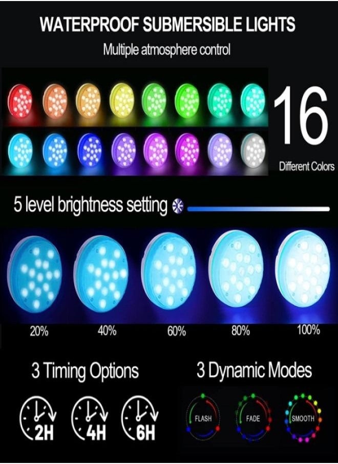 (4 Pack)Pool Lights Submersible LED Lights With Magnet And Suction Cups RF Remote Pool Lights IP68 Waterproof 15 LED Color Changing Battery LED Lights Underwater With Timing 3.35 Inch