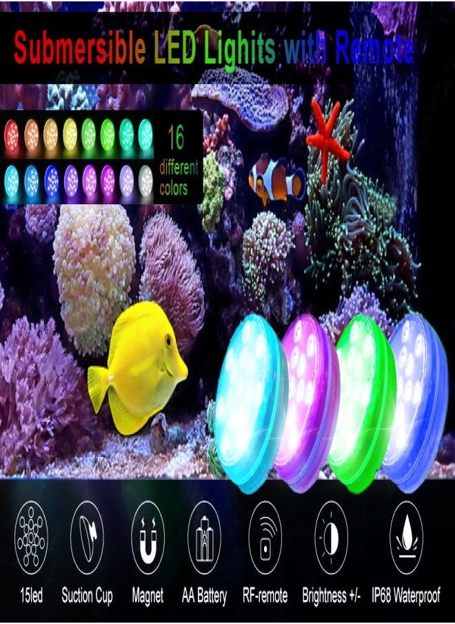 (4 Pack)Pool Lights Submersible LED Lights With Magnet And Suction Cups RF Remote Pool Lights IP68 Waterproof 15 LED Color Changing Battery LED Lights Underwater With Timing 3.35 Inch