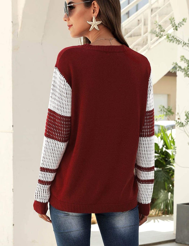 koitmy Women's Cute Contrast Sleeve Knitted Pullover Sweater Red - Image 3