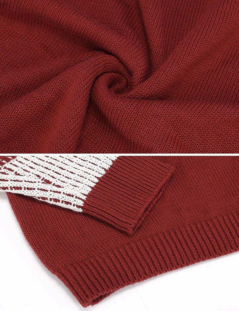 koitmy Women's Cute Contrast Sleeve Knitted Pullover Sweater Red - Image 5