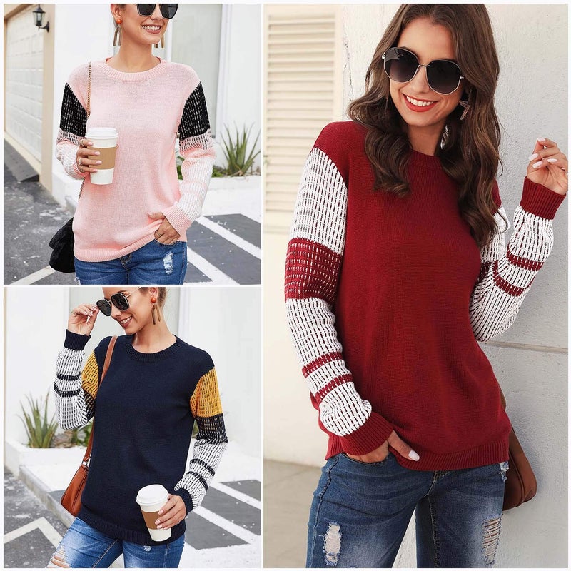 koitmy Women's Cute Contrast Sleeve Knitted Pullover Sweater Red - Image 2