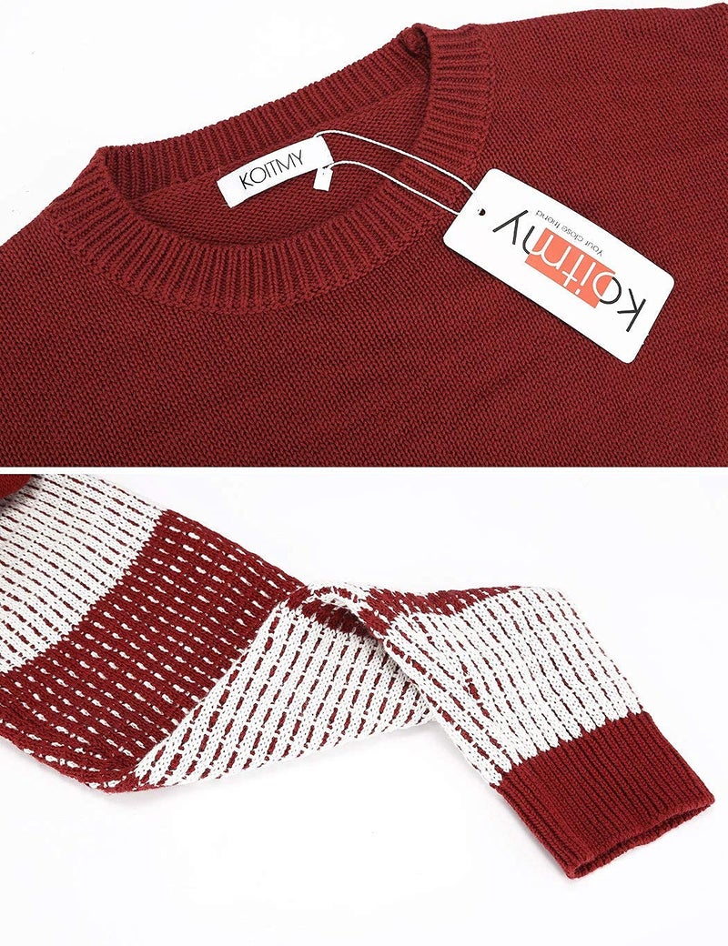koitmy Women's Cute Contrast Sleeve Knitted Pullover Sweater Red - Image 4
