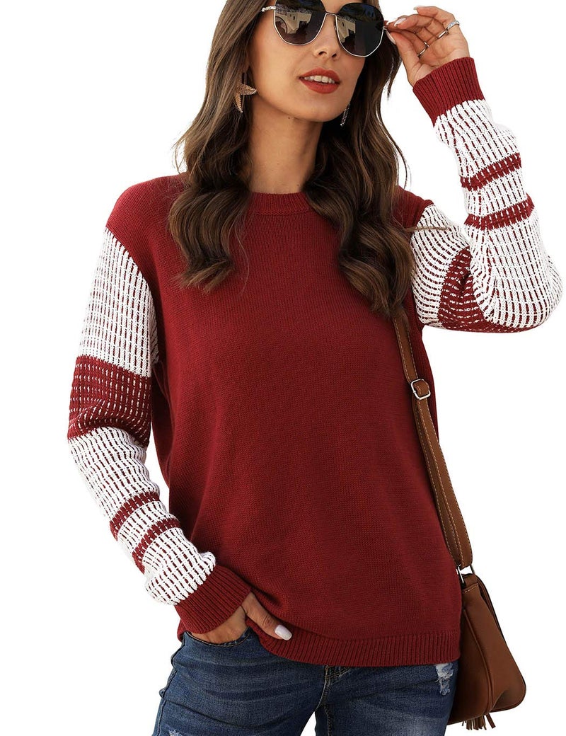 koitmy Women's Cute Contrast Sleeve Knitted Pullover Sweater Red - Image 1