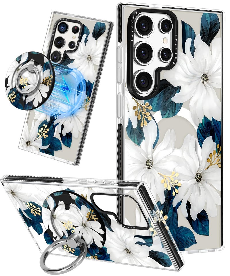 Lotadilo for Samsung Galaxy S24 Ultra Case for Women - Girls Cute Design Compatible with Magsafe Magnetic Ring Holder Stand Blue Flower Phone Covers Aesthetic Girly TPU Funda for S24 Ultra - Image 1