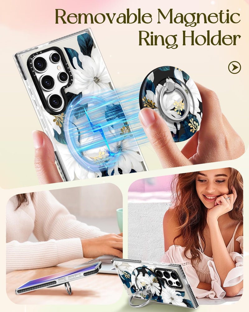 Lotadilo for Samsung Galaxy S24 Ultra Case for Women - Girls Cute Design Compatible with Magsafe Magnetic Ring Holder Stand Blue Flower Phone Covers Aesthetic Girly TPU Funda for S24 Ultra - Image 4