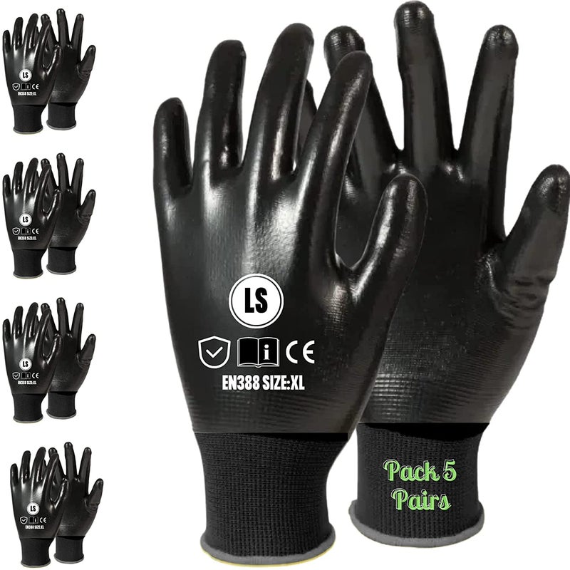 Satishve Reusable Nitrile Coated Work Safety Industrial GlovesGardening GlovesCotton Hand GlovesIndustrial Gloves for Men Women Stretchable Size XL Pack of 5 Pairs Black 2