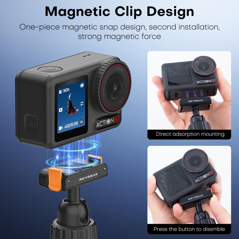 REYGEAK Mini Extension Rod for DJI Osmo Action 5 Pro/4/3,Adjustable Camera Tripod Holder with Magnetic Camera Mount Adapter for DJI OSMO Action Accessories(6.89in) - Image 2