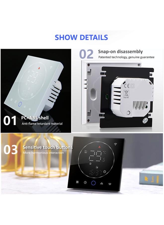 Thoraya Programmable Smart Home Thermostat AC95~240V Voice Control LED Screen IP20 Energy Saving Smart WiFi Thermostat for Electric Heating White  - Image 1