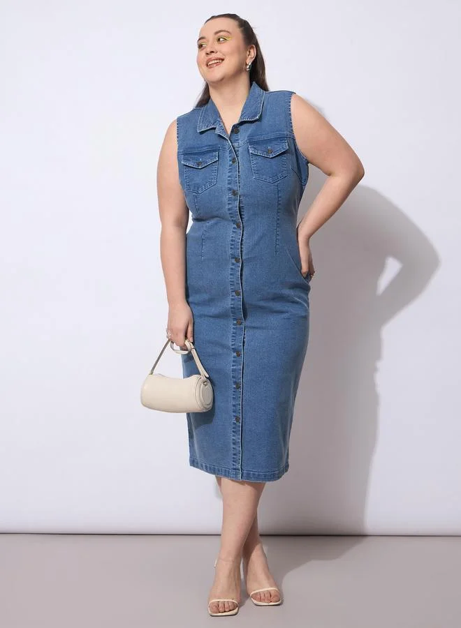 SASSAFRAS Plus Size Blue Denim Sleeveless Shift Midi Dress