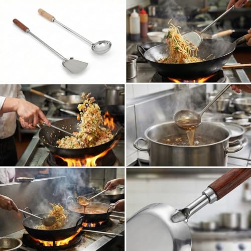 Faas Steel Chinese Palta With Chiness Ladle With Wooden Handle (Pack Of 2) Kitchen Tool Set - 18 Cm - Image 2