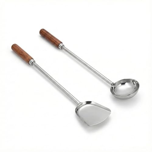 Faas Steel Chinese Palta With Chiness Ladle With Wooden Handle (Pack Of 2) Kitchen Tool Set - 18 Cm - Image 1