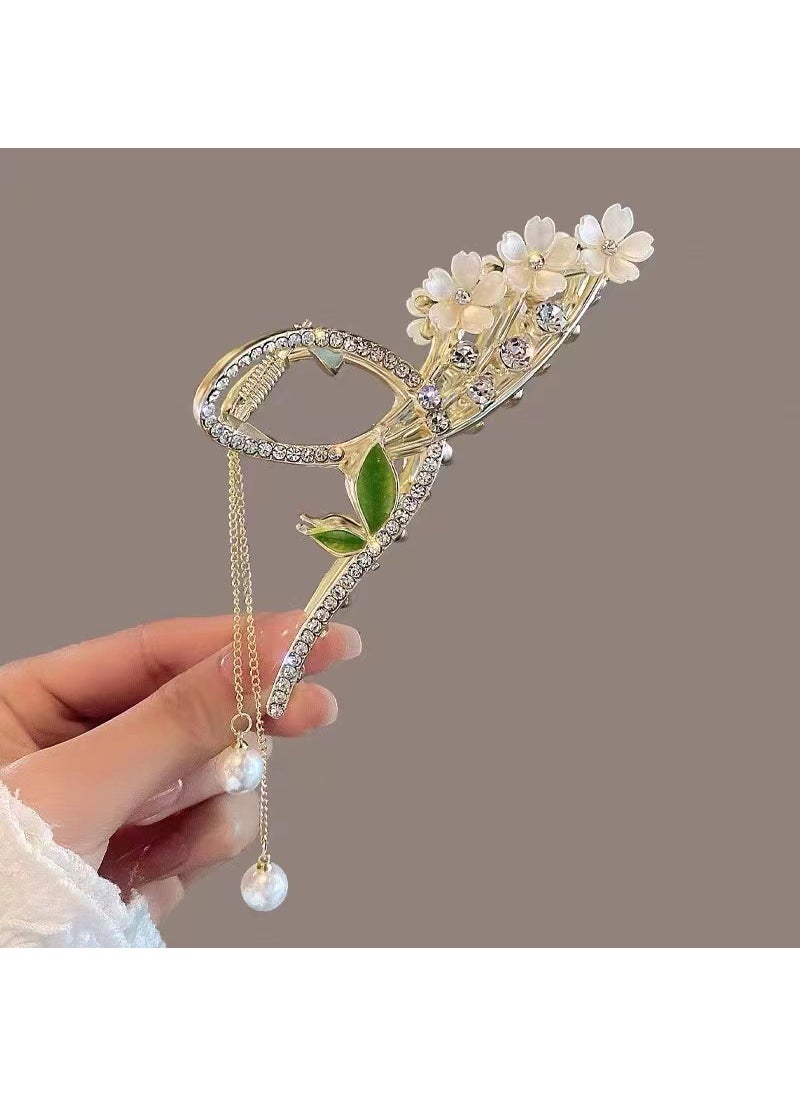 Generic Vintage Lily Tassel Hair Claw Clip Floral Shark Clip G35 green leaves and three flowers 