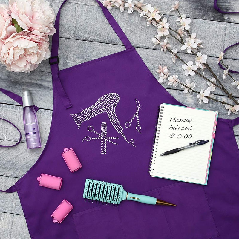 Plum Hill Hair Stylist Apron with Rhinestone Tools for Hairdresser  Cosmetologist or at Home Hair Cutting  3 Pockets Adjustable Neck  Purple - Image 3
