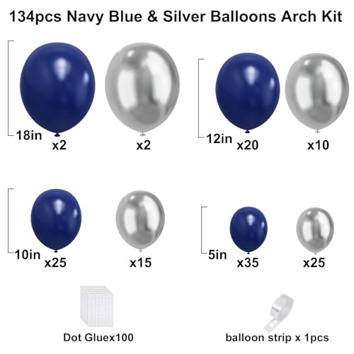 YMSZ Blue and Silver Balloons Arch Garland Kit, 134pcs Navy Blue and Silver Balloons with Different Size for Birthday Party Baby Shower Graduation Class of 2025 Prom Decorations - Image 2