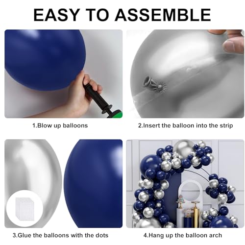 YMSZ Blue and Silver Balloons Arch Garland Kit, 134pcs Navy Blue and Silver Balloons with Different Size for Birthday Party Baby Shower Graduation Class of 2025 Prom Decorations - Image 3