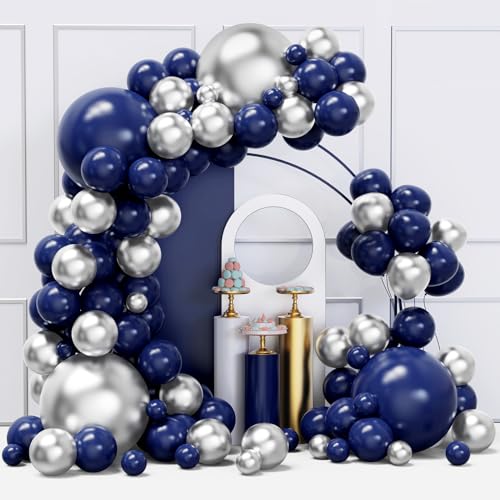 YMSZ Blue and Silver Balloons Arch Garland Kit, 134pcs Navy Blue and Silver Balloons with Different Size for Birthday Party Baby Shower Graduation Class of 2025 Prom Decorations - Image 1