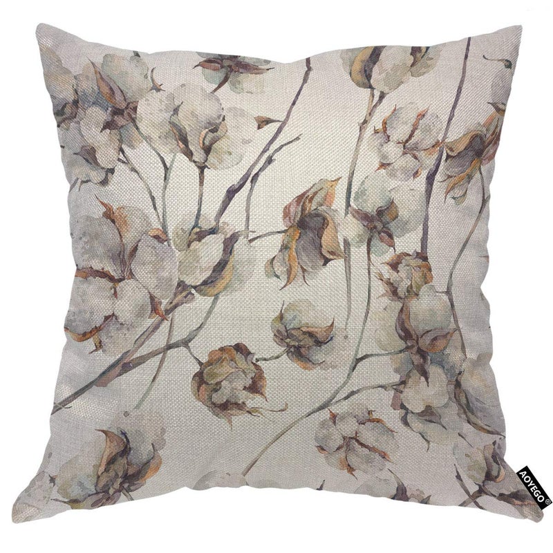 AOYEGO Twigs and Cotton Flowers Throw Pillow Cover Plant Floral Botanical Watercolor Agriculture Blossom Boll Bud Pillow Case 18x18 Inch Decorative Men Women Room Cushion Cover for Home Couch - Image 1